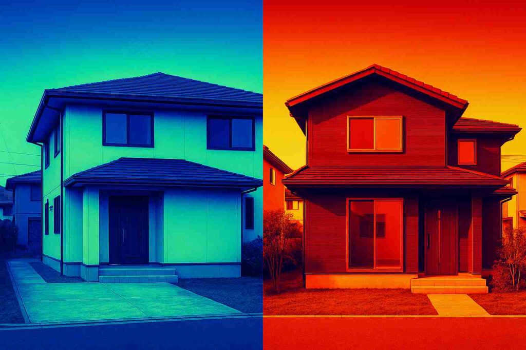 外壁色の違いによる温度差を示した比較サーモグラフィ風イメージ。白い外壁は低温、黒い外壁は高温になりやすい様子を可視化した画像。