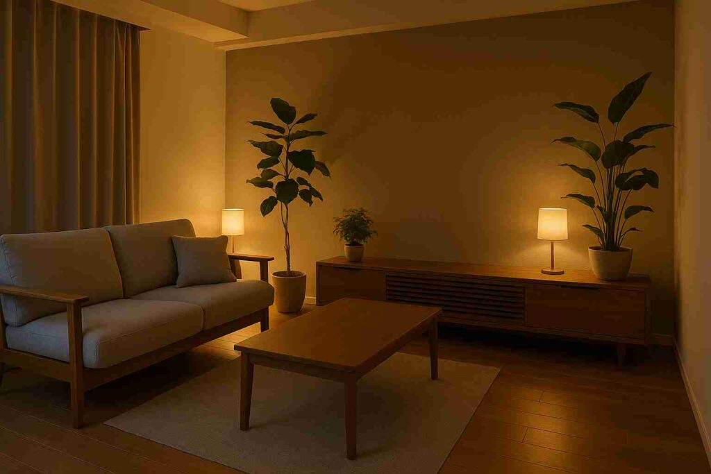 観葉植物と間接照明を組み合わせた落ち着いたリビングゆったりと落ち着いた環境演出。