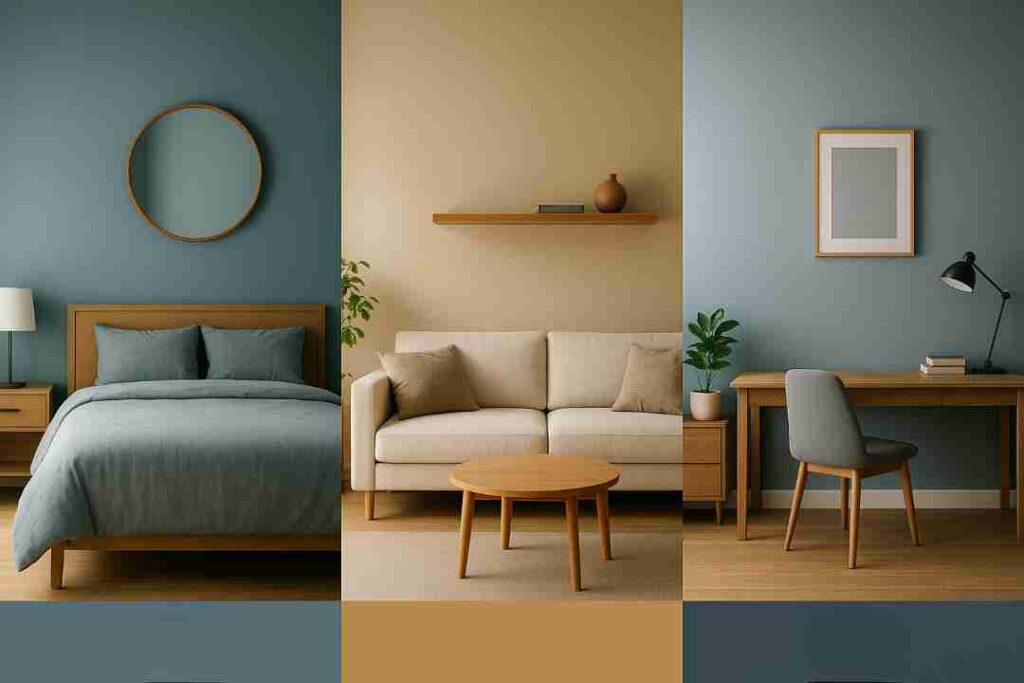 寝室・リビング・書斎をそれぞれ最適な色でまとめた、ストレス軽減のための部屋別カラー比較イメージ
