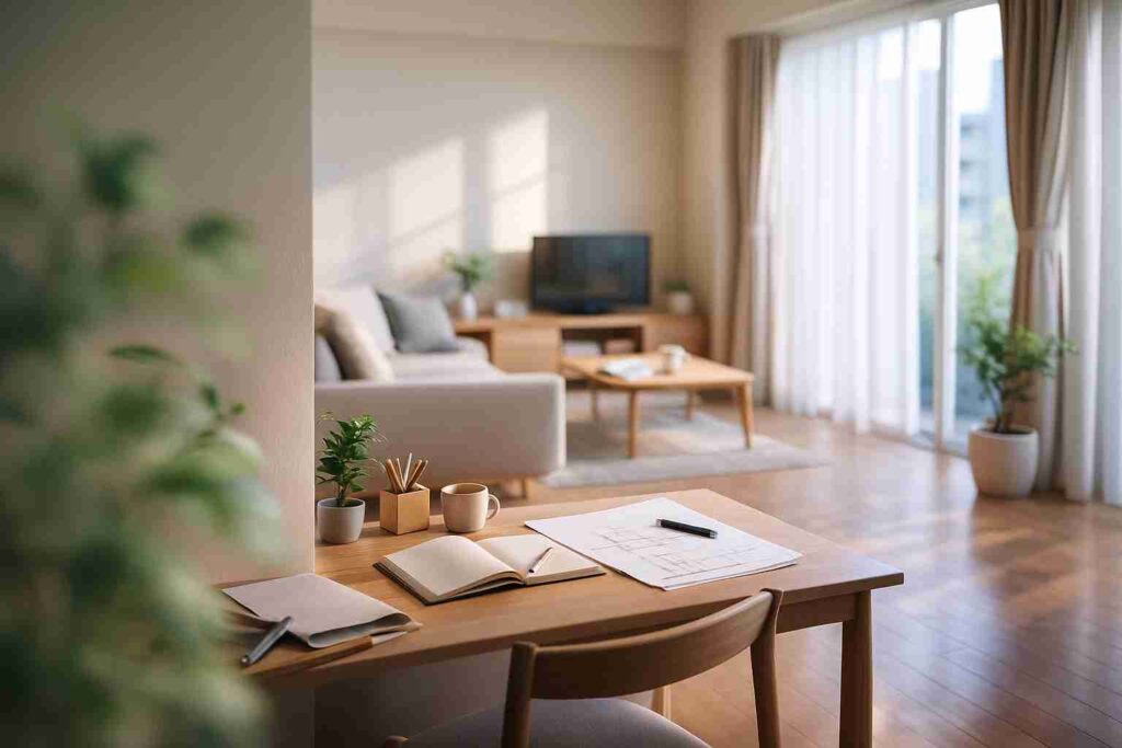 小さな観葉植物が視界の端に入るリビング学習スペース。集中力を高める観葉植物の配置例。