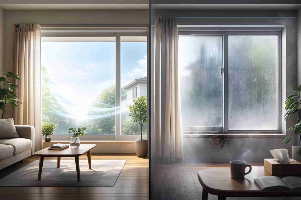 24時間換気を止めた場合の室内環境変化を比較したイメージ（換気ありの部屋と換気不足の部屋の違い