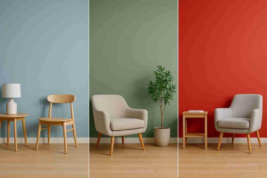青・緑・赤の壁色による落ち着き・リラックス・刺激性の違いを比較した室内カラーイメージ