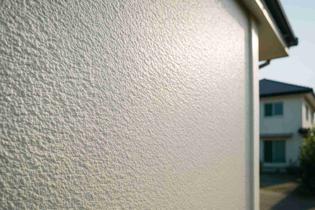 外壁に塗布された遮熱塗料の表面が太陽光を反射して温度上昇を抑える様子を示した、外壁素材のクローズアップ画像。