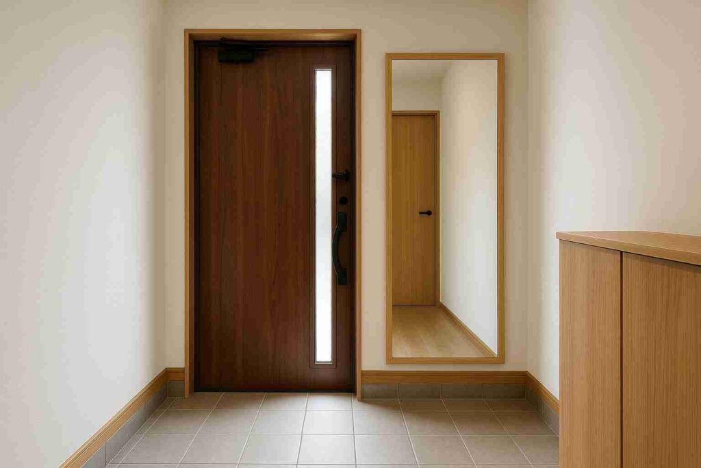 玄関ドアの正面に鏡を置いた不自然なレイアウト例。反射が強く落ち着きにくいとされる配置を示す玄関インテリア。