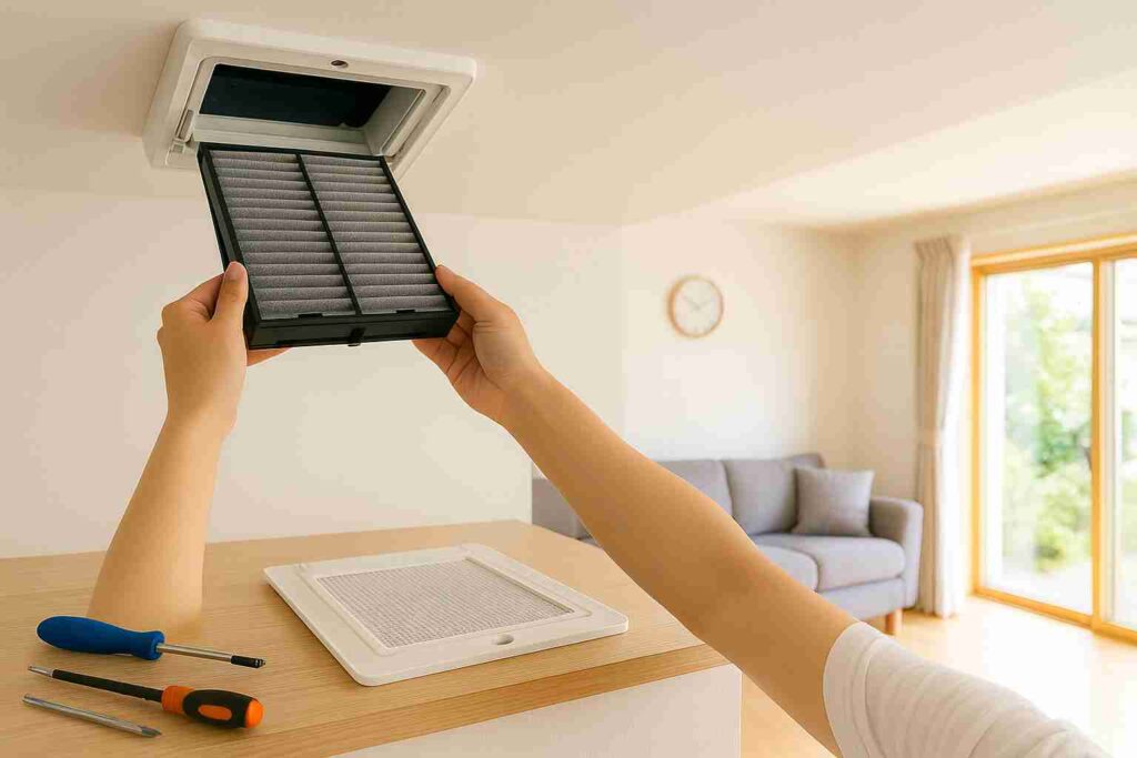 24時間換気システムのフィルターを取り外して掃除するための住宅設備メンテナンスのイメージ
