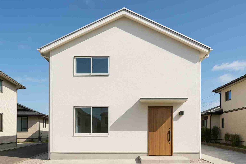 白やベージュなどの淡色外壁の日本住宅が日光を反射し、外壁温度の上昇を抑えて冷房効率が高まる様子を示す外観。