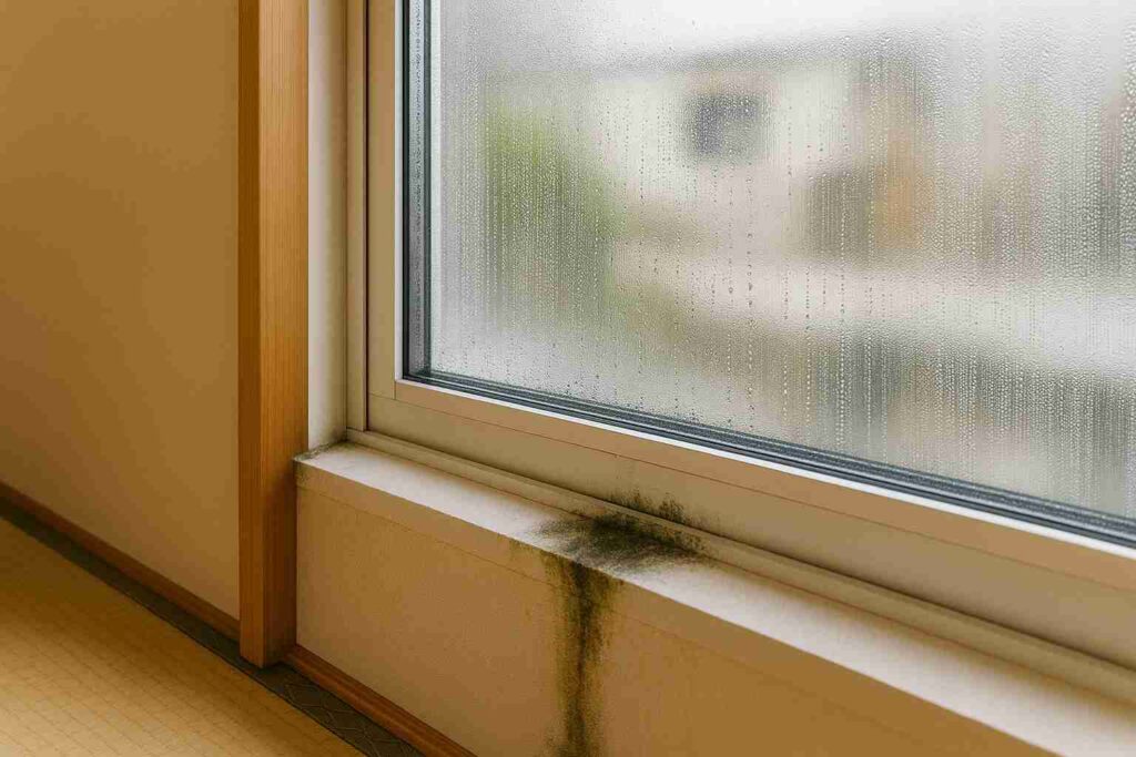 換気不足によって窓まわりに結露とカビが発生している室内の写真