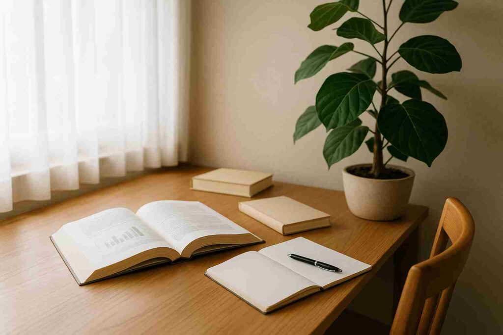 観葉植物を取り入れたシンプルな学習机。注意力回復や集中に役立つ自然要素の学習環境。