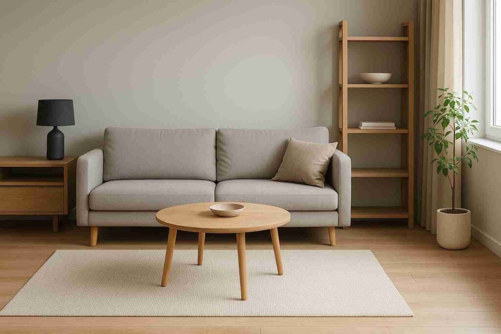 ベースカラー・メインカラー・アクセントカラーの黄金比で構成された、バランスの良いリビングの例