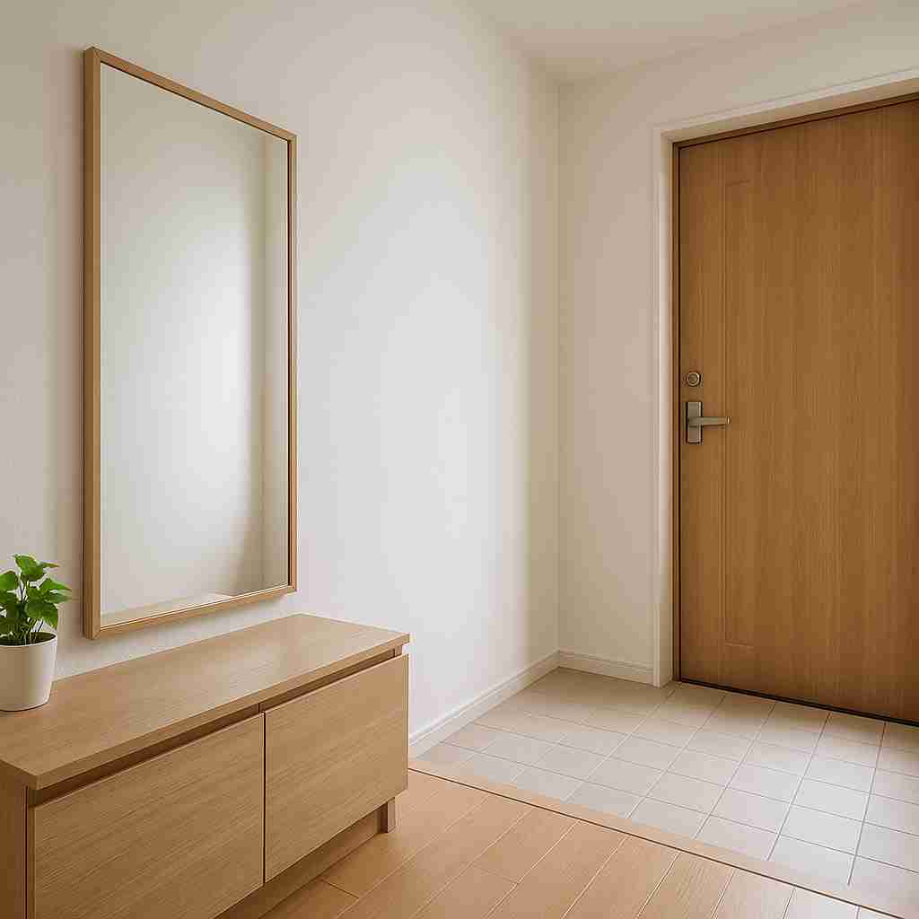 壁に大型ミラーを設置したモダンな玄関空間。光が反射して明るさが増し、開放的に見えるインテリア構成。