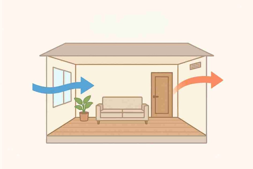住宅の24時間換気システムで空気が循環する仕組みを示したイメージ図
