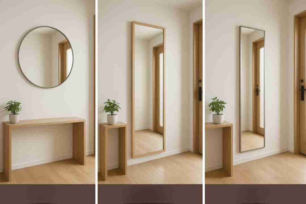 丸鏡・縦長鏡・全身鏡の3種類を並べた玄関インテリア比較。鏡の形による印象の違いがわかる構図。