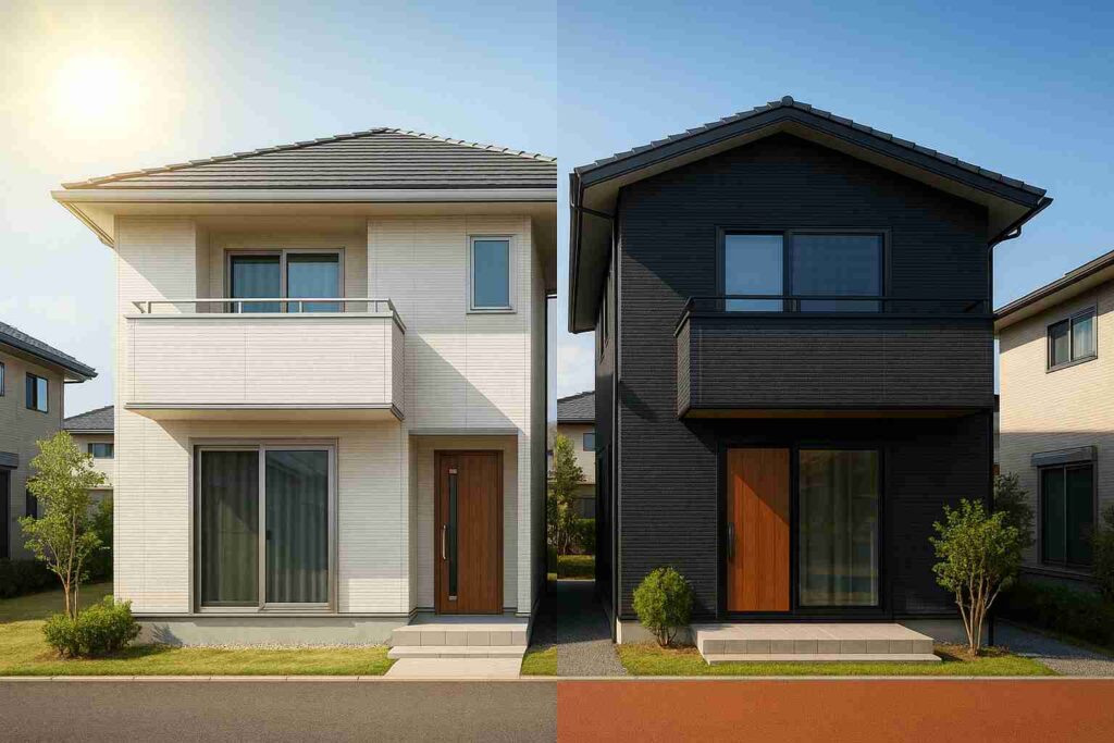 外壁の色による熱吸収の違いを比較した日本の住宅外観。白い外壁は日光を反射し、黒い外壁は熱を吸収しやすい様子を示す。