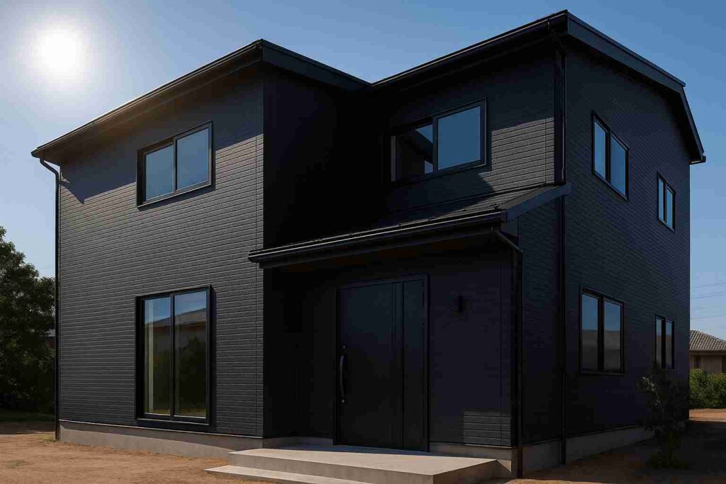 黒やネイビーの濃色外壁を持つ日本住宅が強い日差しを受け、外壁表面が高温になりやすい様子を表現した外観。