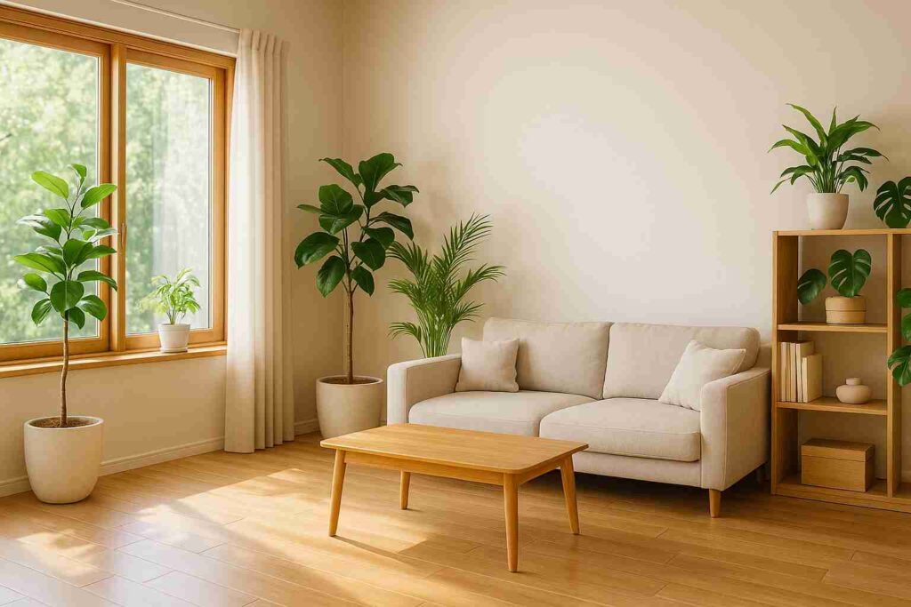 観葉植物があり、太陽光が入り込んだ落ち着いたリビング。子どもの学習態度が安定しやすい環境演出。