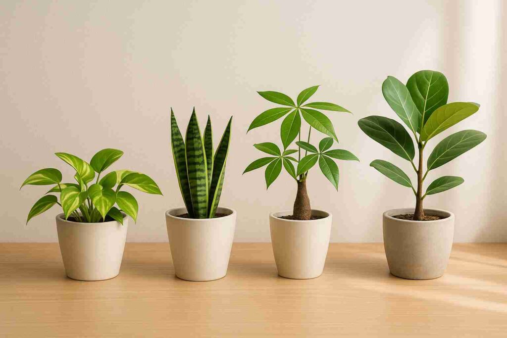 ポトスやサンスベリアなど、家庭で育てやすい観葉植物の種類例。リビング学習に適した植物。