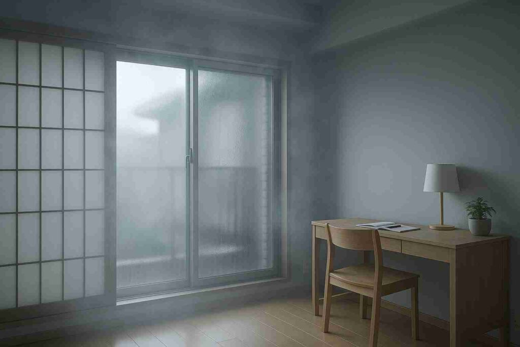 24時間換気を止めた室内でCO₂濃度と湿度が上昇し、空気がこもる様子のイメージ