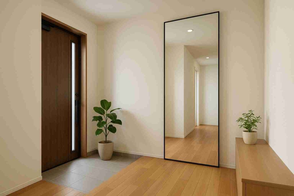 明るい玄関に大きな鏡を配置した日本の住まいのインテリア例。自然光が反射し、空間の広さと清潔感が感じられる構図。