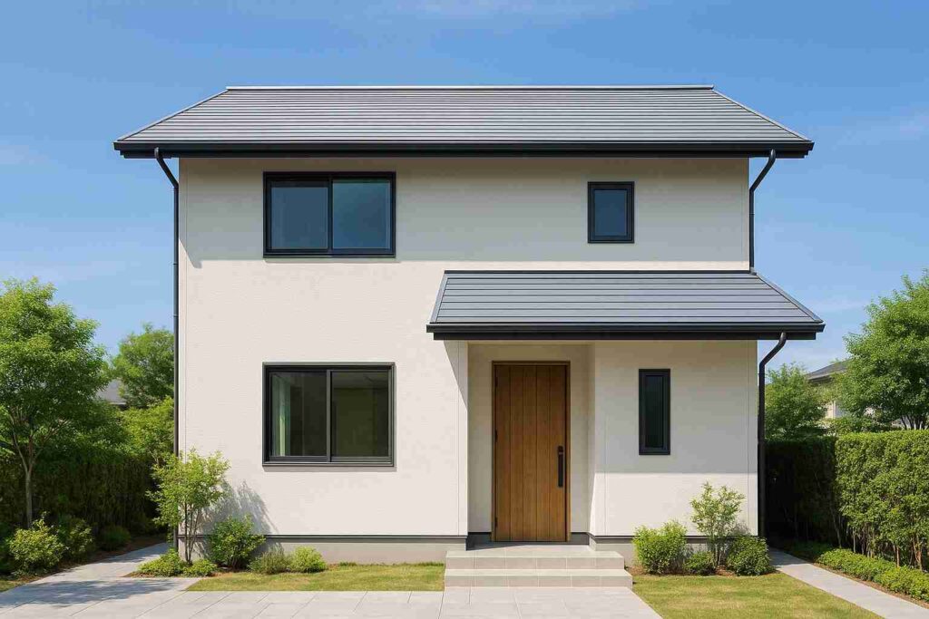 明るい外壁と反射率の高い屋根材を組み合わせた日本の住宅外観。外壁色と屋根断熱が電気代に影響することを示す構図。