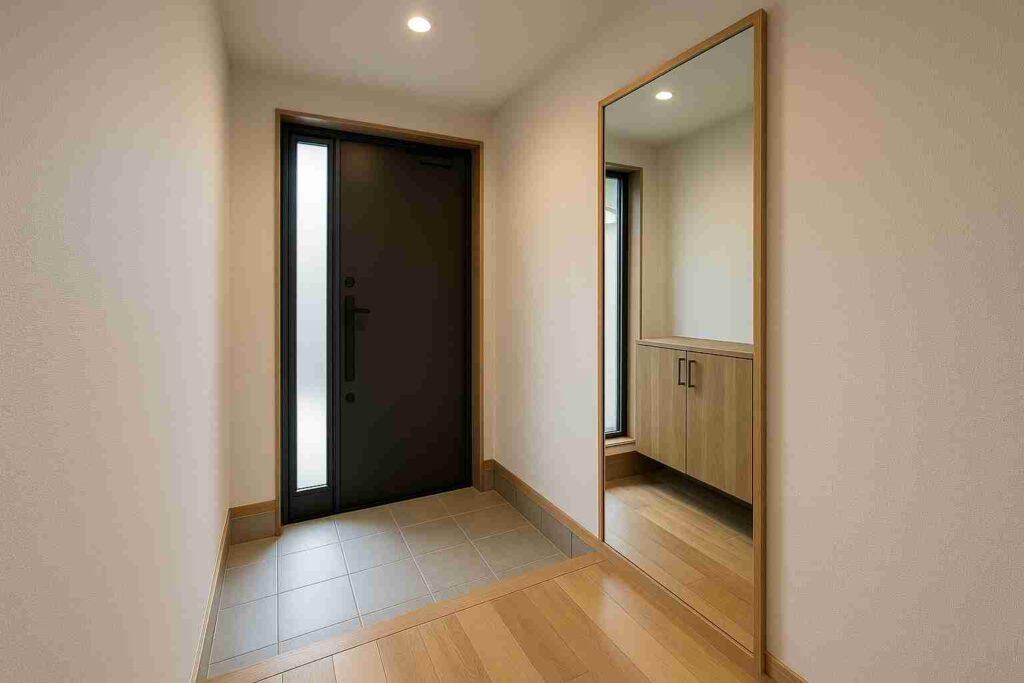 整った玄関で全身鏡が反射し、身だしなみを整えやすい空間。