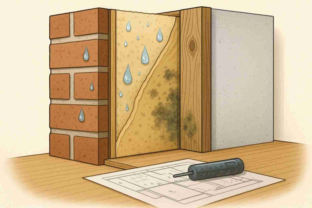 換気不足や断熱不良により壁内部で結露が起こり、断熱材が湿気を含む様子を示した断面図