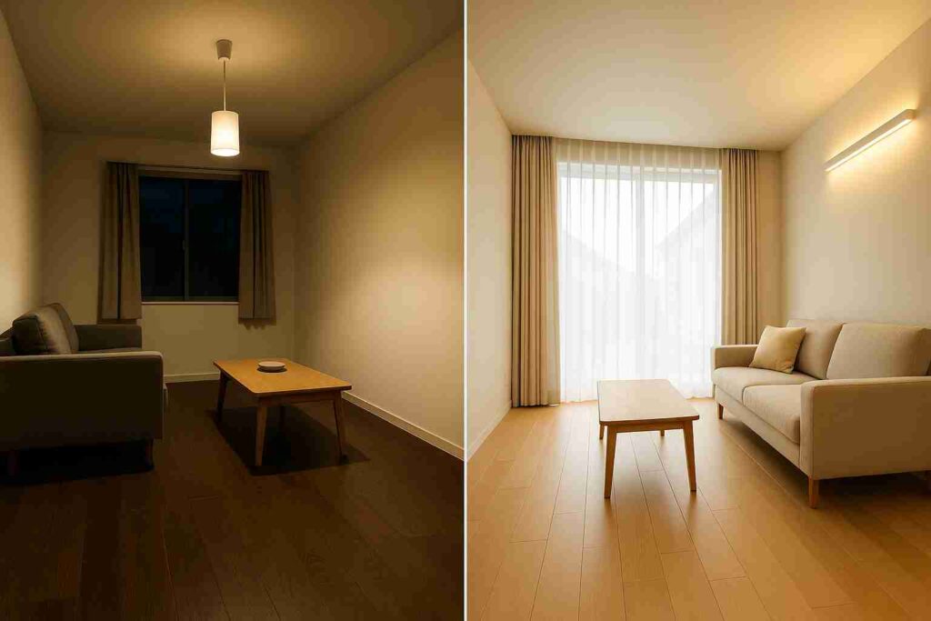 空間演出により天井が高く感じる空間と低く感じる空間の画像